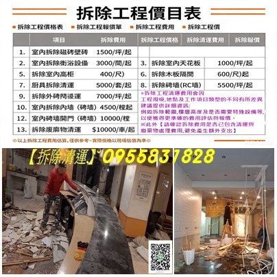 拆除工程價目表,拆除工程價格表,拆除工程報價單,拆除費用,拆除工程費用,拆除工程價格,拆除清運費用,拆除價目表,拆除清運報價,隔間拆除費用,